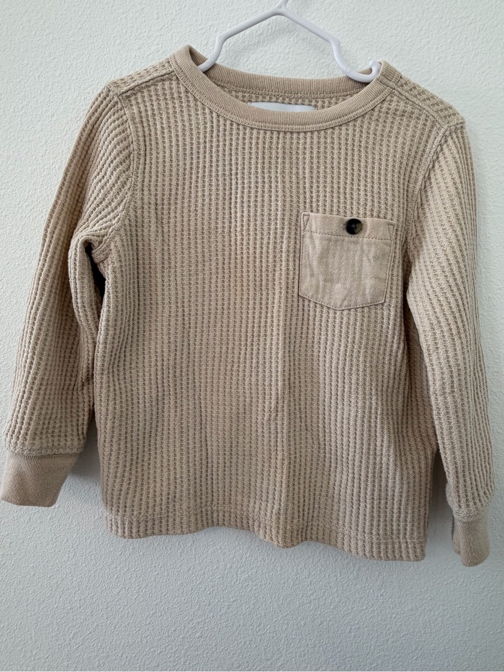 Toddler Beige Waffle Knit Long Sleeve Top with Pocket Size 3T